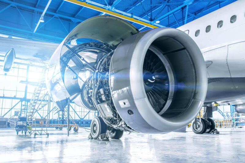 Aircraft engine representing the use of Fabricote products in aerospace industries.